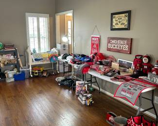 Ohio State items, bassinet, baby blankets, stuffed animals
