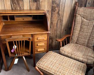 CHILDREN'S ROLLTOP DESK AND CHAIR, VINTAGE GLIDER WITH FOOTSTOOL