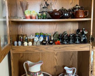 LAMINATE CABINET, BOWL AND PITCHER SET, VINTAGE TEA POTS, AND SALT AND PEPPER SETS