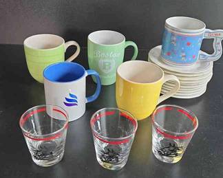 Collection Of 5 Coffee Mugs, 5 Whiskey Glasses, And 10 Coffee Saucers