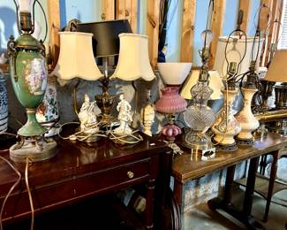 Dozens of vintage tables lamps and more than ten floor lamps