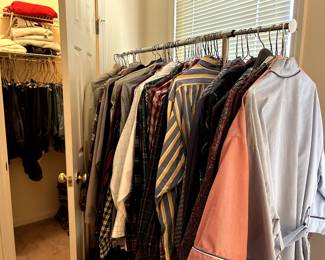 You will find racks and closets full of clothing: More than 500 articles of men's (XL, XXL) and women's (sizes vary) clothing: Shirts, tops, pants, slacks, sweaters, dresses, suits, robes, and dozens of coats