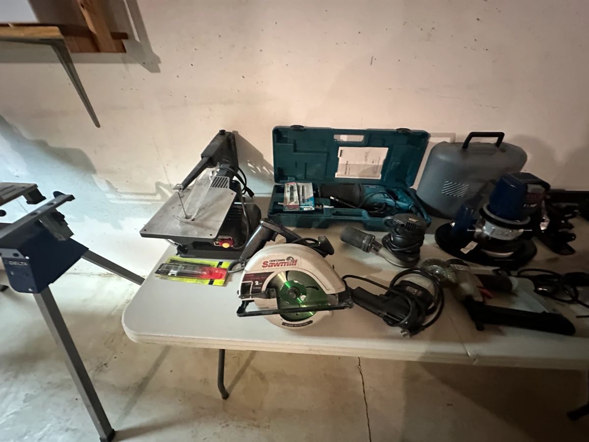 Tools - Scroll saw, reciprocating saw with case, circular saw, drills, random orbital sander (Porter Cable).