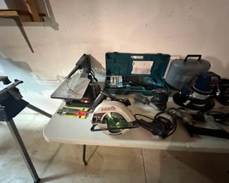 Tools - Scroll saw, reciprocating saw with case, circular saw, drills, random orbital sander (Porter Cable).