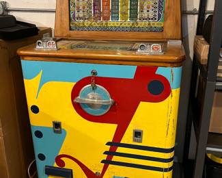 PRESALE AVAILABLE! Vintage Keeney’s Twin Coin Operated Slot Machine -wood with fabulous painted color graphics - needs glass replaced but working with original key.  34w x 25d x 56h. 