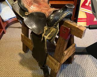 vintage Simco leather western saddle - tooled, studded