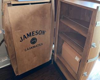 PRESALE AVAILABLE! Jameson Caskmates Whiskey Barrel with enclosed bar storage & tap – one strap needs to be tacked in on left side - 22"diameter x 40"h cask. 16.5"h tap on top
(second one available - New in box & identical to this)
