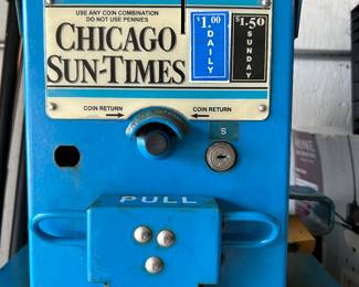 PRESALE AVAILABLE! Authentic Chicago Sun Times Newspaper Dispenser Sho-Rack by Kaspar 
16.5w x 49h x 21d with original patina – no key