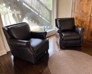 Walter E. Smithe pair leather armchairs with nailhead trim. 34.5h x 35.25w at arms x 40d - like new, barely used condition
