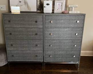 CB2 pair of gray shagreen tall 4 drawer dressers. Metal modern pewter tone base/legs and hardware. 44.75h x 30w x 19.75d Small dent on top back edge of one dresser