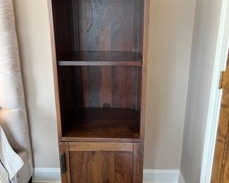PRESALE AVAILABLE! Crate & Barrel wood bookcases (2 available) – shelves over cabinet, 2 interior shelves, modern metal legs 66h x 21w x 20 d - in good age and use appropriate condition
