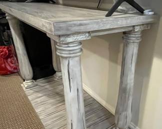 PRESALE AVAILABLE! Walter E. Smithe columned distressed gray wood console table – appropriate for use in so many areas of your home 50w x 36h x 20d