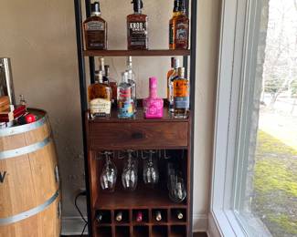 PRESALE AVAILABLE! Crate & Barrel bar tower with space for bottles, wine glasses, drawer for accessories
72.5h x 24w x 16d (no liquor or glassware for sale)