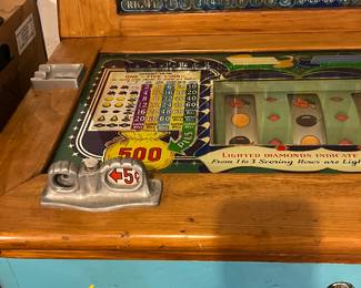 PRESALE AVAILABLE! Vintage Keeney’s Twin Coin Operated Slot Machine -wood with fabulous painted color graphics - needs glass replaced but working with original key.  34w x 25d x 56h. 