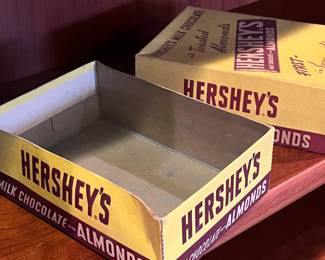 Vintage cardboard Hershey’s chocolate bar boxes. Almond box is 7 x 5 x 2.25. Milk chocolate box has 2 split corners and is 6.5 x 5.25 x1.5