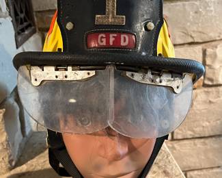 Vintage Cairns GFD Fire Helmet with leather #1 badge, shield, on vintage mannequin head - see photos for mannequin condition, some cracks.