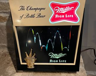 1960 Miller Brewing Co Miller Highlife bar sign with working light & motion (request to see video)  - 15w at top, 14.25h x 3d. Heavy duty plastic.