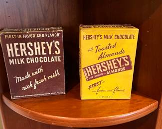 Vintage cardboard Hershey’s chocolate bar boxes. Almond box is 7 x 5 x 2.25. Milk chocolate box has 2 split corners and is 6.5 x 5.25 x1.5