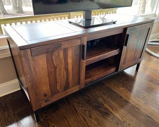 PRESALE AVAILABLE! Crate & Barrel media console/cabinet. Center shelf slides out for turn table access, 2 side doors with interior shelves. Couple  of minor condition issues on top. 60w x 20d x 28h