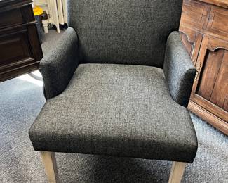 PRESALE AVAILABLE! Walter E. Smithe gray arm chair in excellent condition - off white tapered legs with nail head trim around legs - 33h x 25w