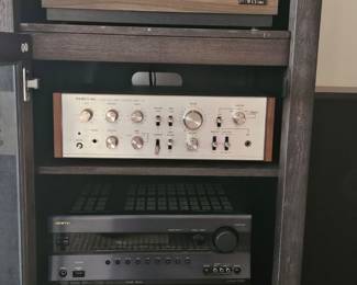 Vintage Project One turntable, amplifier, tuner - plus Onkyo amplifier. Wood stereo cabinet 
