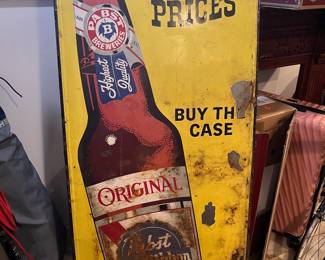 Vintage Pabst Blue Ribbon metal sign with great colors and some patina. Marked Stroudsburg Bev Co, PA on the back - about 5 ft tall