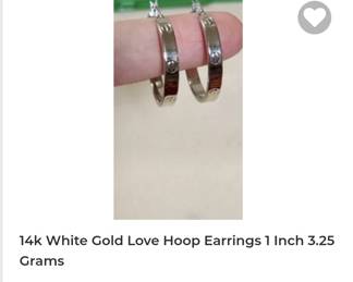 14k white gold love screw hoop earrings