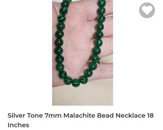 Silver Tone 7mm Malachite Bead Necklace 18 inches