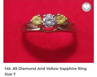 14k .85 carat natural diamond yellow sapphire trilogy ring