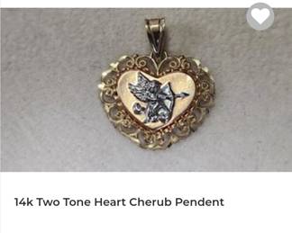 14k two tone Cherub angel heart pendent