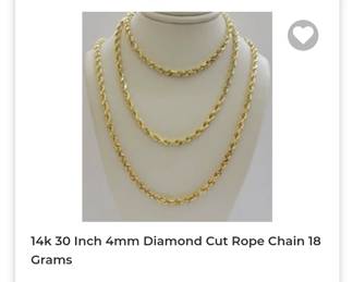 14k 30 inch 4mm Diamond Cut Rope Necklace
