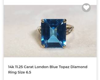 14k 11.25 carat emerald cut London blue topaz diamond ring