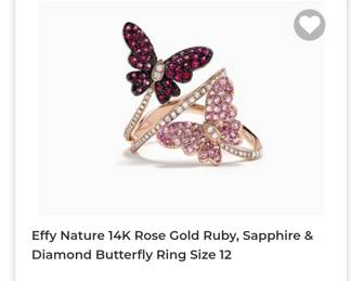 Effy Nature 14k rose gold ruby sapphire and diamond butterfly ring