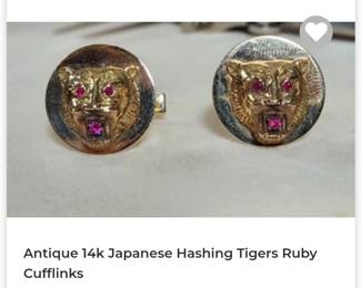 14k antique Japanese hashin tigers ruby cufflinks