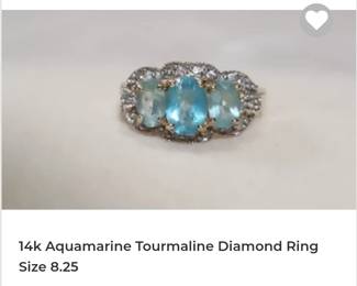 14k natural tourmaline aquamarine diamond ring