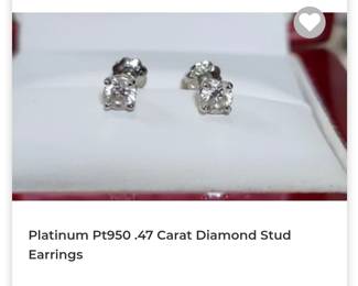 Platinum pt950 .47 carat diamond stud earrings egl cert