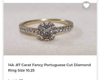 14k Rare fancy Portuguese Cut Diamond halo ring .87 carat