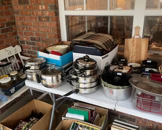 ASSORTED POTS , COOKBOOKS 