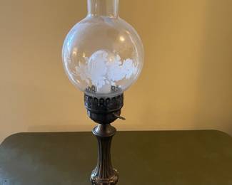 ETCHED CHIMNEY LAMP . AS IS CHIMNEY IS DAMAGED