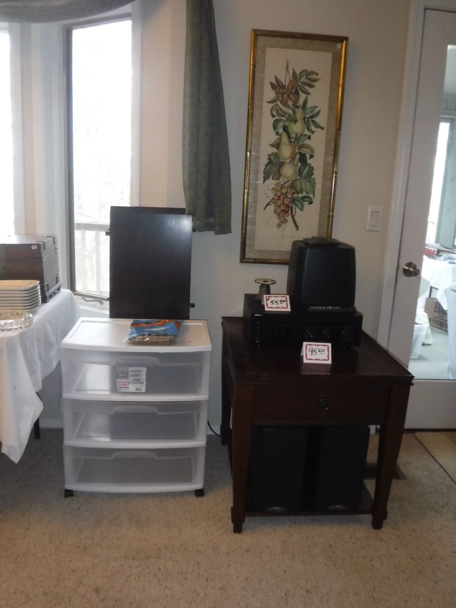 Matching Plank Style Side Table - Insignia Stereo Receiver With Speaker's - Plastic Storage -Wall Art 