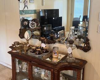 Large Beveled Mirror w/Ornate Edges and Curio Cabinet w/glass shelves (needs TLC)