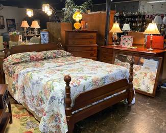 Vintage Solid Cherry Bed with Headboard/Footboard, Rails, Dresser, Mirror, and Chest of Drawers