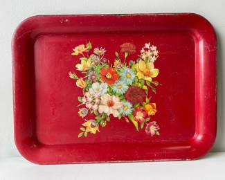 Lot 2930 Vintage Red Metal Floral Flower Tray