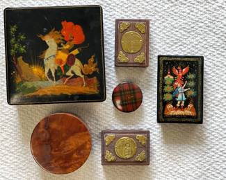 Lot 6460 Lot of Trinket Boxes  Ukrainian  Russian Lacquer Boxes  Asian Matchbox  Plaid  Wood