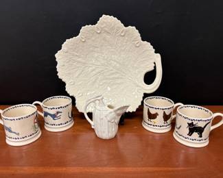 Lot 6469 Vintage English Bridgewater Spongeware Cups  Czech Creamer  Erphila Plate