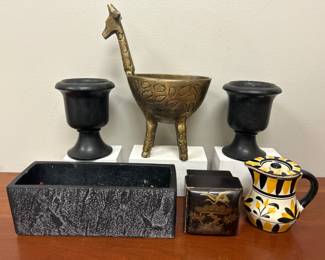 Lot 6466 Persian Hand Painted Creamer  Stone Candle Holders Planter  Brass Giraffle Bowl  Trinket Box