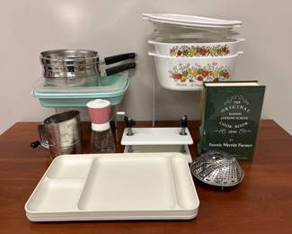 Lot 8049 Vintage Corningware Dishes  Tupperware  Cook Book  Nut Grinder  Tofu Press  Flour Sifter