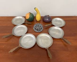 Lot 6478 Ceramic Vegetable Vases  Flower Frog  Vintage Aluminum Pans with Hammered Copper Handles