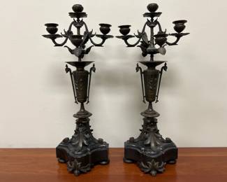 Lot 6476 Vintage Metal  Black Marble Candelabras  Heavy