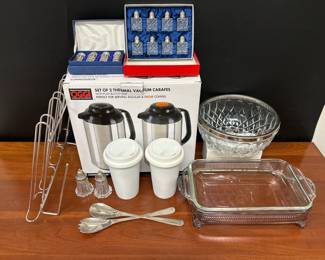 Lot 8044 Thermal Carafes  Ceramic Travel Coffee Cups  Salad Bowl  Silverplated Salt and Pepper Shakers